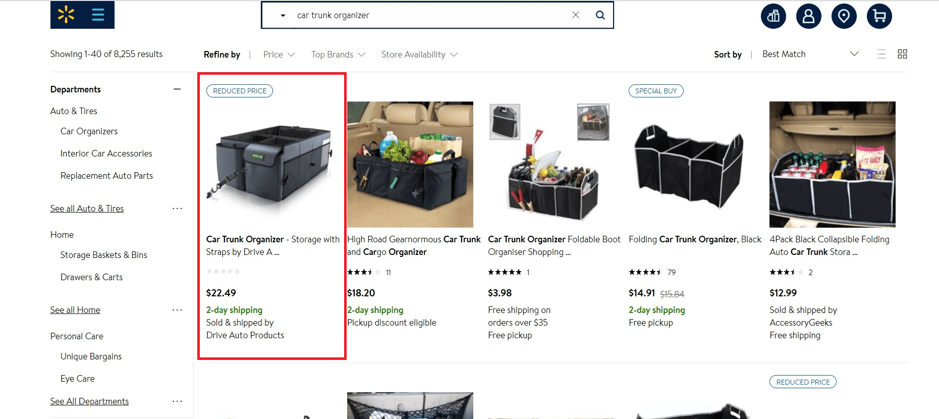DRIVE Auto at top of search in Walmart thanks to Walmart Free 2-Day Shipping
