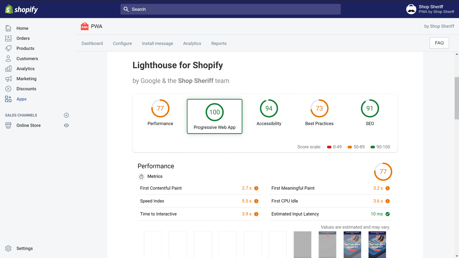 PWA by Shop Sheriff and their Lighthouse integration