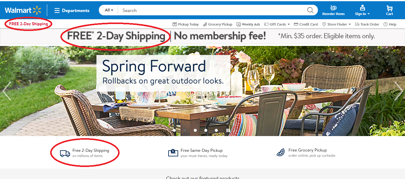Old website with Walmart 2-day shipping prominently displayed