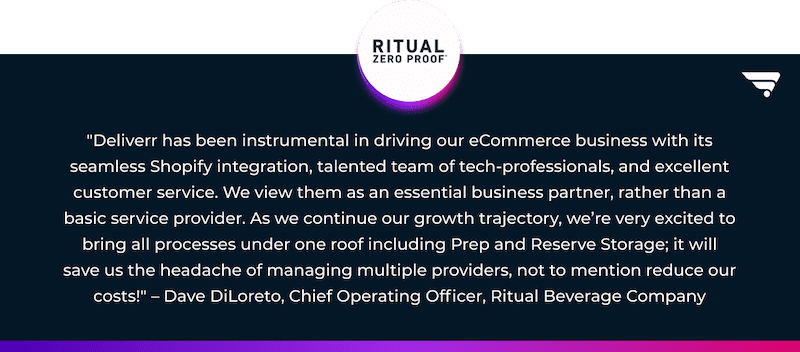 Client testimonial for Deliverr Prep from Ritual Beverage Co 