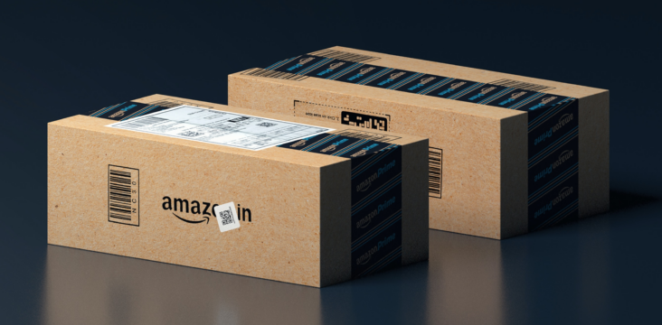 Rendered images of two unopened Amazon Prime boxes on a black background with the intention of being shipped during Amazon Prime Day 2023.