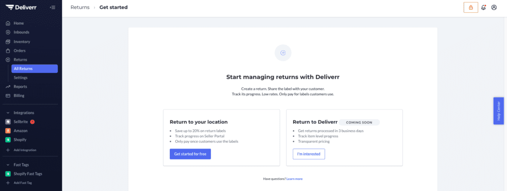 Deliverr Seller Portal view of Returns