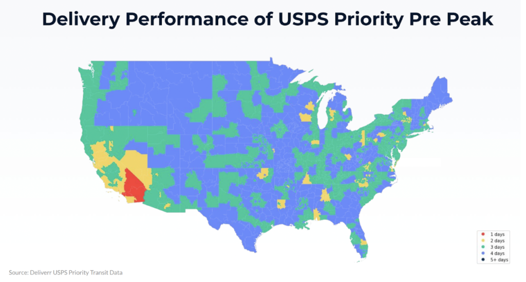 U.S. map showing delivery performance of USPS priority pre peak season