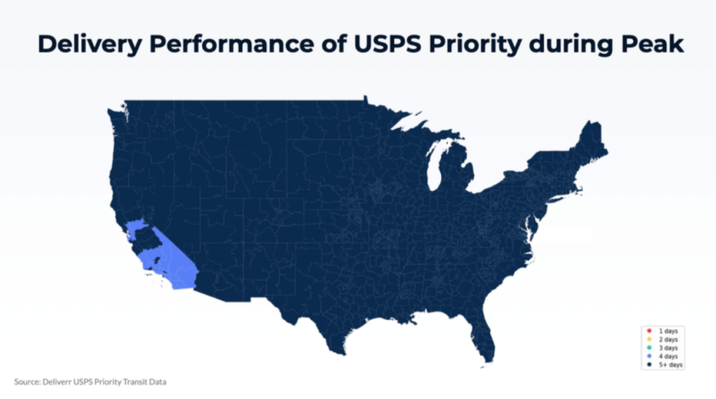 U.S. map showing delivery performance during peak season