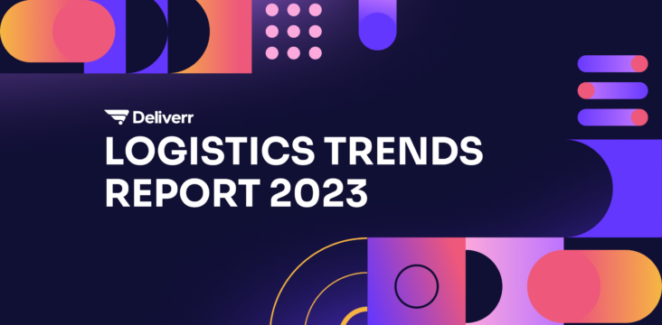 image on a dark blue background with text 'logistics trends report 2023' surrounded by abstract shapes in pink, blue, and orange.