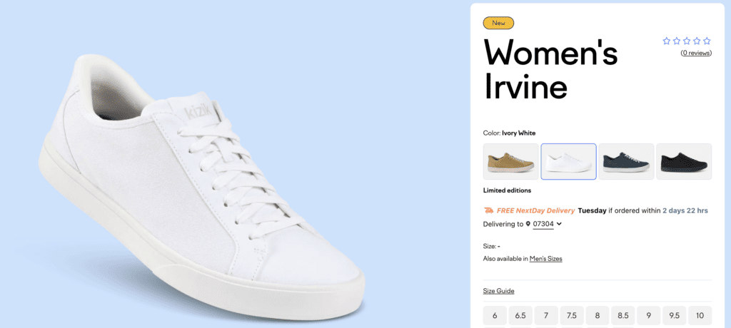 Product details page for a Kizik Shoes brand sneaker that features a fast shipping badge to accelerate their Shopify sales.